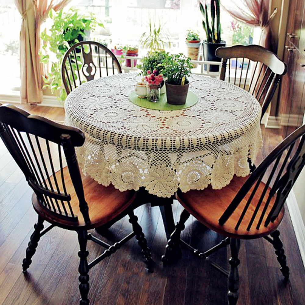 Round Vintage Lace Tablecloth Hand Crochet Cotton Table Topper Doily 52\