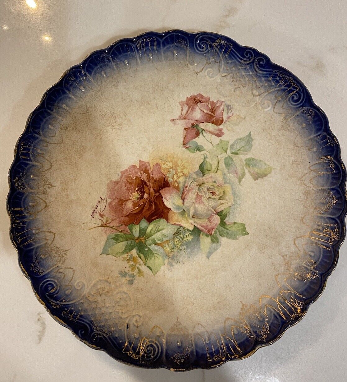 Antique Vintage Sterling China Blooming Roses 10”Plate With Cream & Blue Border