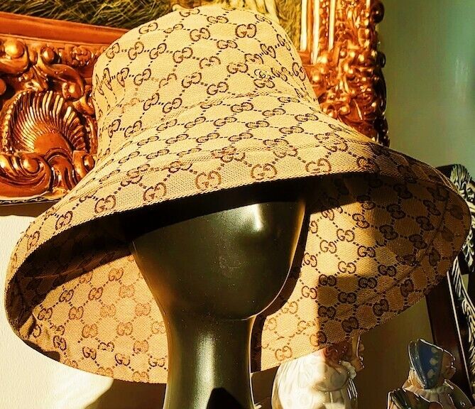 Gucci Beige Monogram Bucket Hat Wide Brim Gucci GG Bucket Hat Thick Canvas.