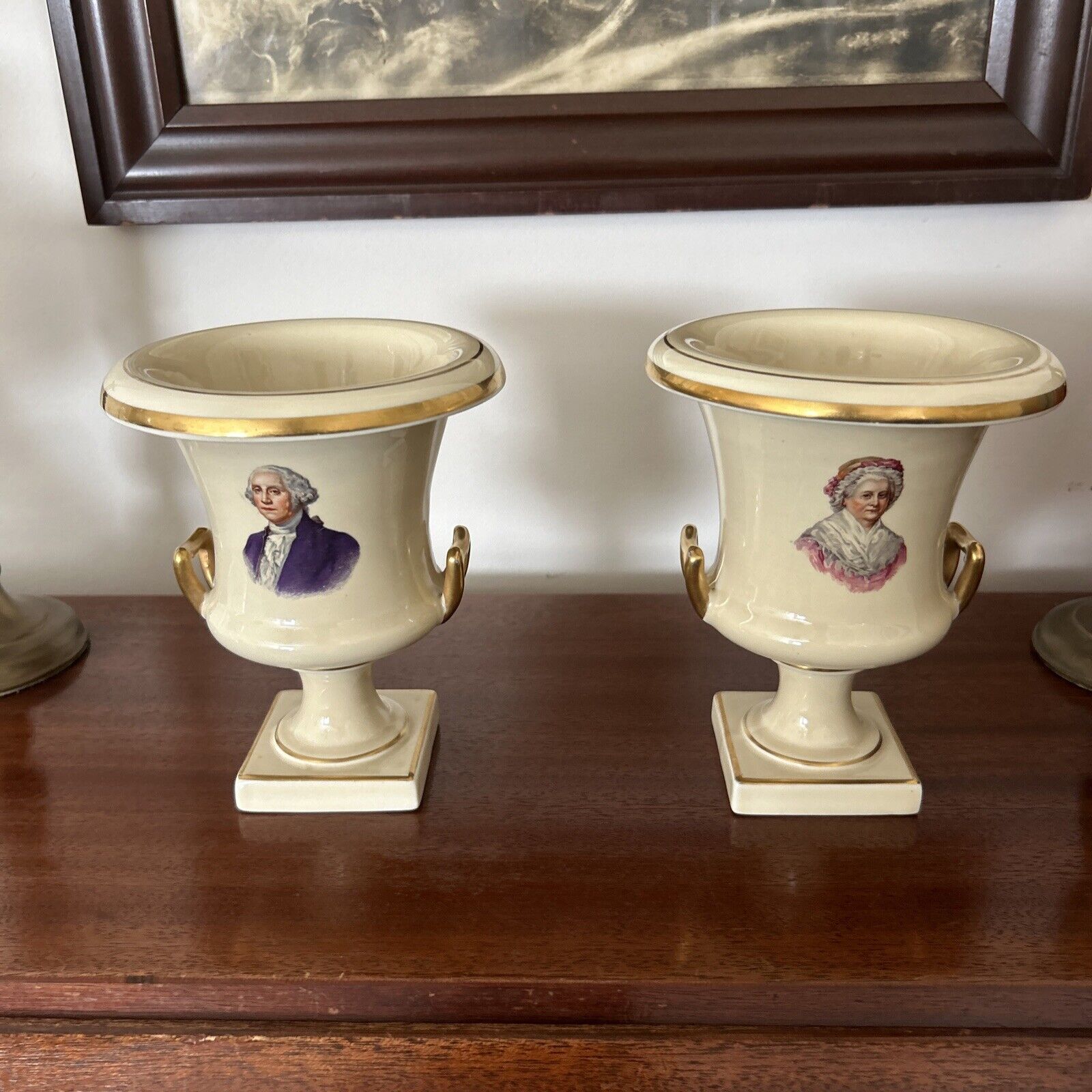 Trenton Pottery TAC Pair of 6” George and Martha Washington Urns. Beautiful.