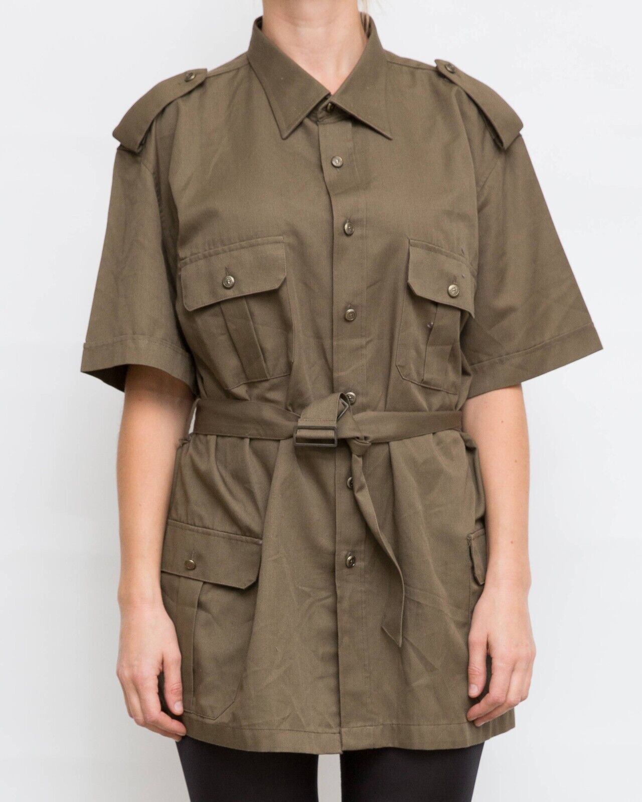 New vintage 1980s Italian army safari shirt blouse khaki military brown belt