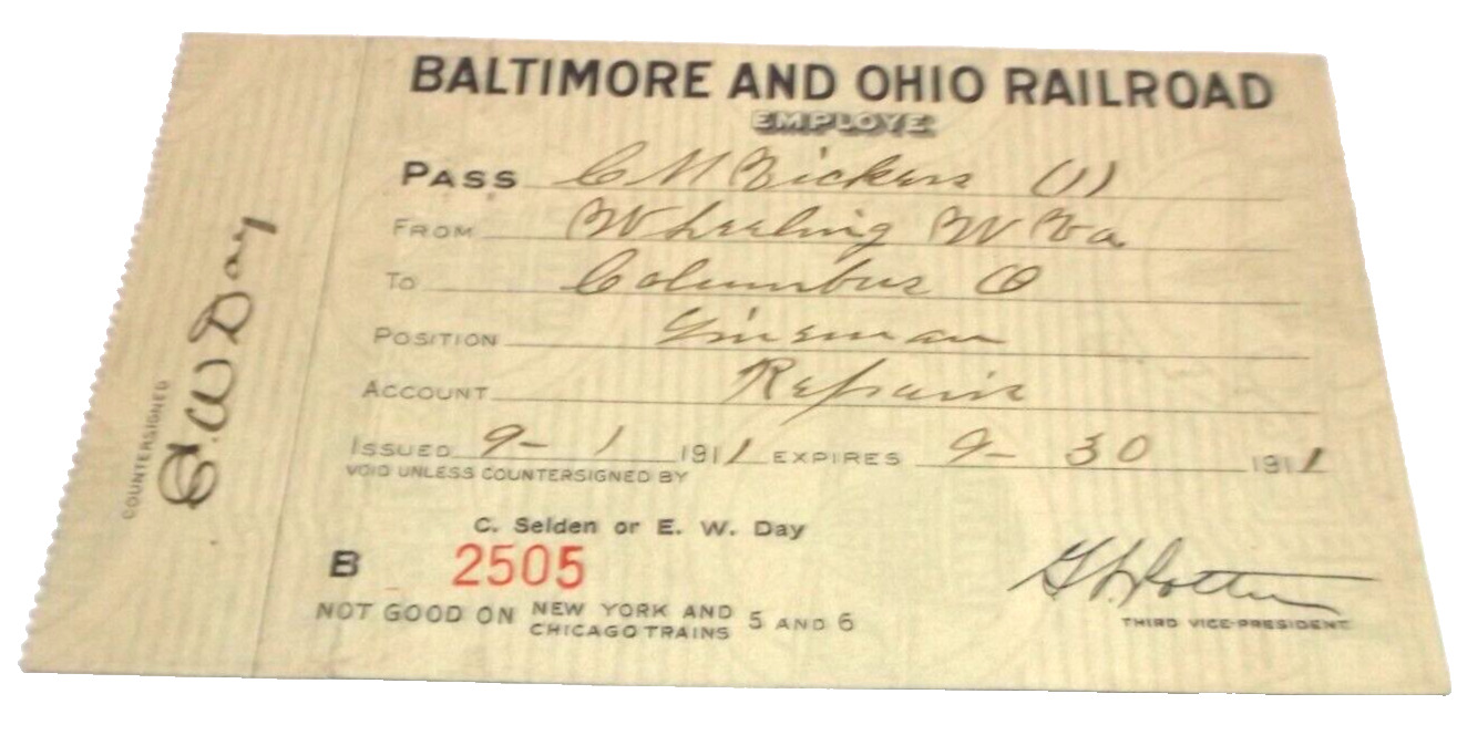 SEPTEMBER 1911 BALTIMORE & OHIO RAILROAD EMPLOYEE TRIP PASS #2505