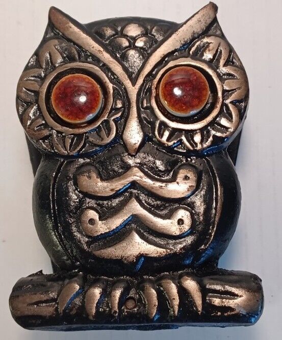 Vintage 1960s 70s Cast Iron OWL Napkin Bill Holder Ceramic Eyes Made in Taiwan