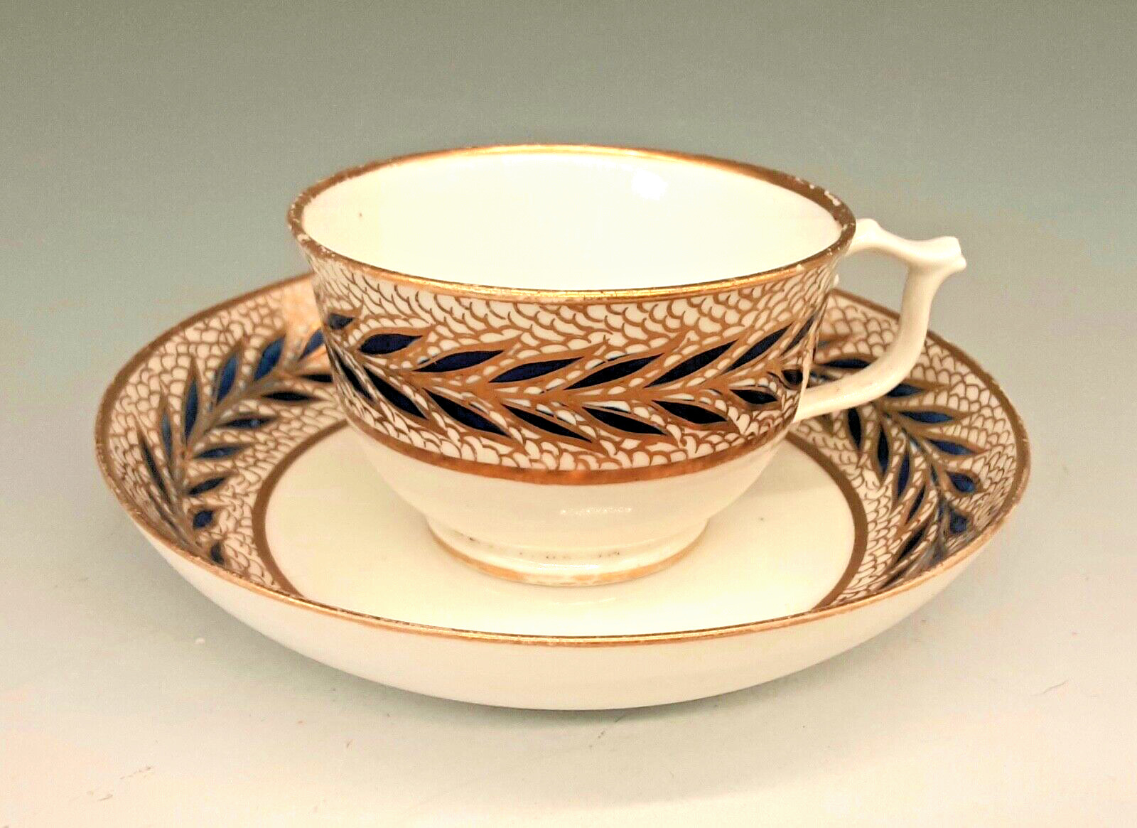 Antique 19thC ROYAL CROWN DERBY Porcelain Cobalt Blue Gold Leaves Cup & Saucer