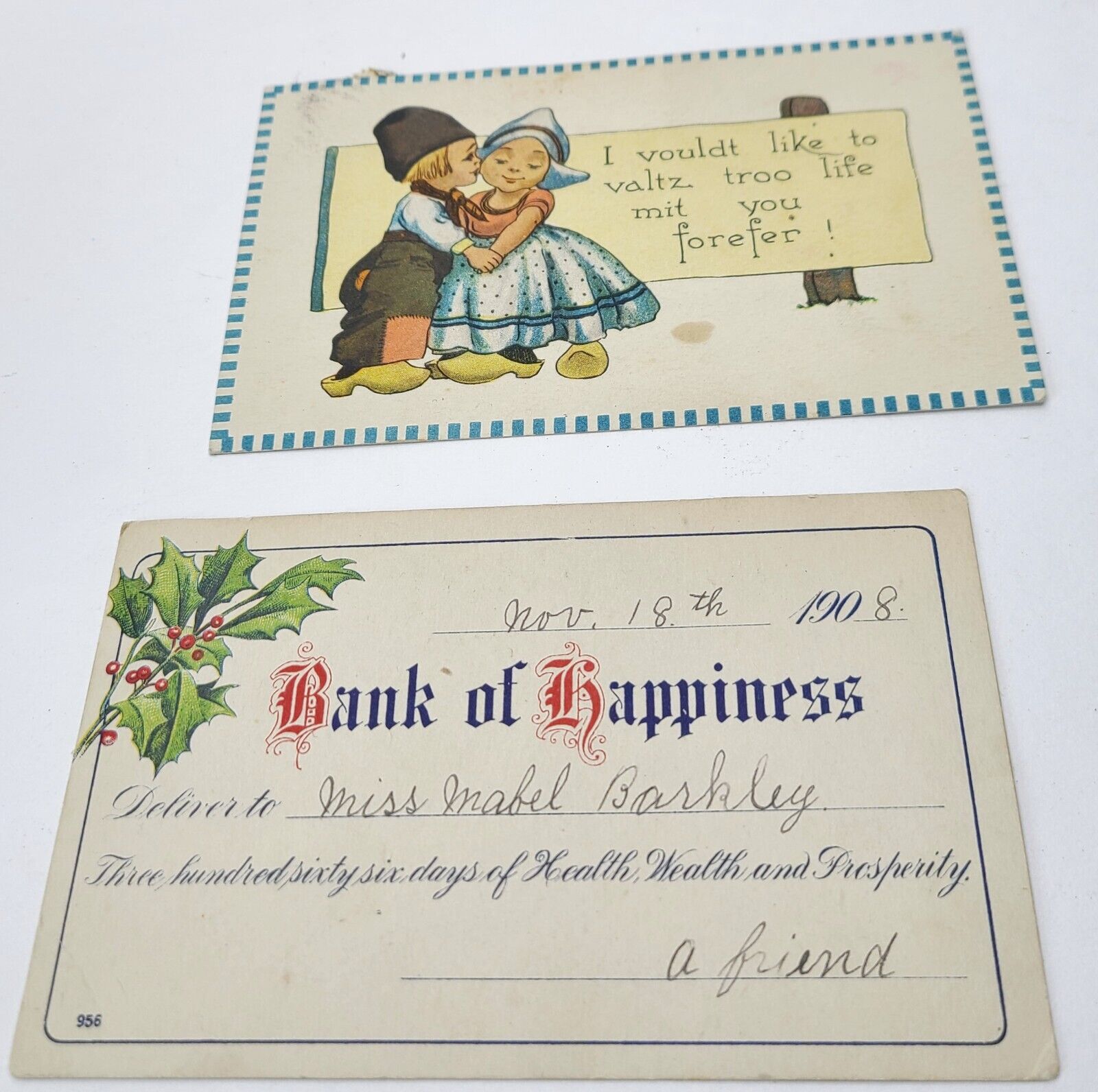 2 Antique Postcards  -  Dutch Children 1913 Bank of Happiness Check 1908