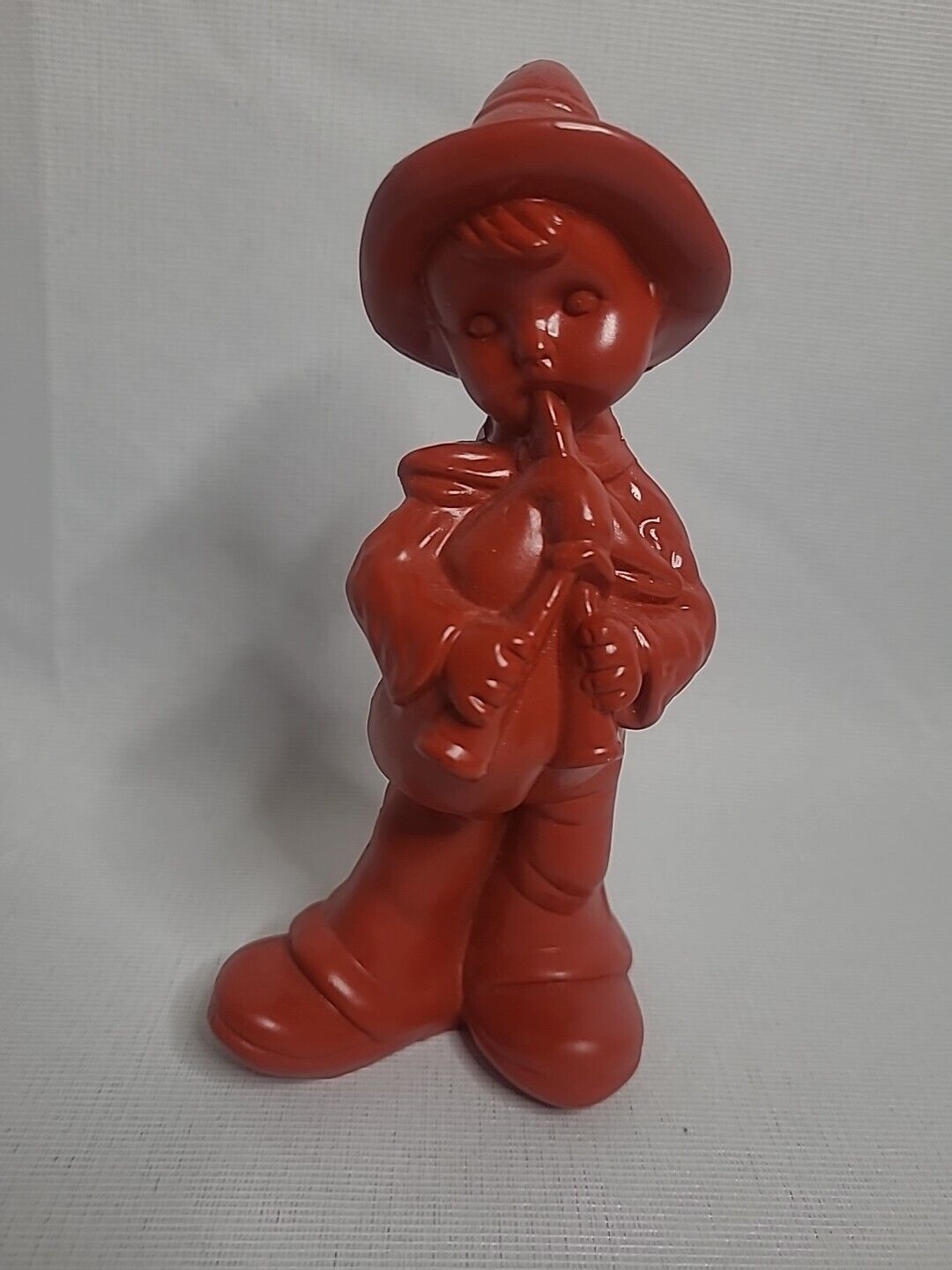 Vintage Boy with Bag Pipes FIGURINE Formed Faux Wood 6.5” Red