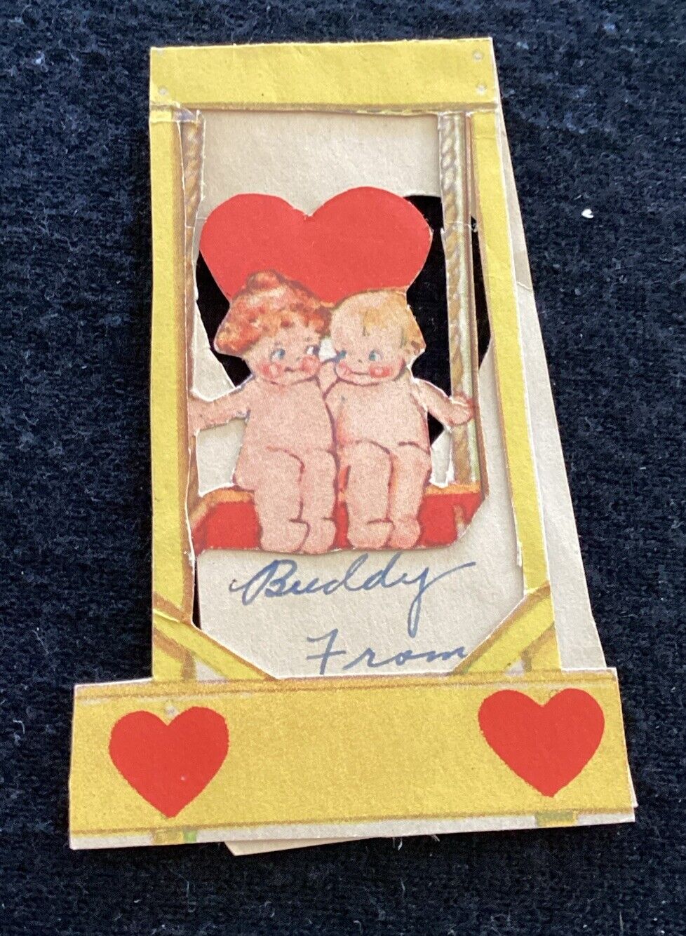 RARE Kewpie Doll 1930S Valentine’s Day Greeting Card - On Swing Hearts Vintage