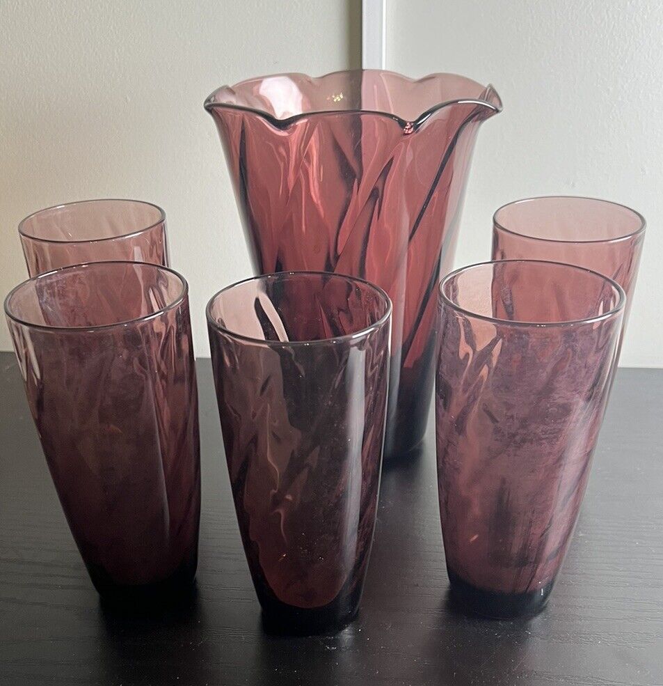 Set of 5 MCM Vintage Hazel Atlas Moroccan Amethyst Water Glasses With Vase -