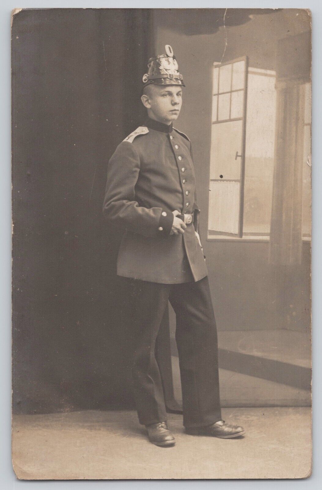 WWI Young Male German Soldier RPPC Postcard Jäger Prussian Shako Helmet V