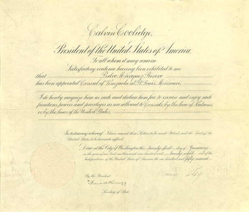 CALVIN COOLIDGE - DIPLOMATIC APPOINTMENT SIGNED 01/21/1928 WITH CO-SIGNERS