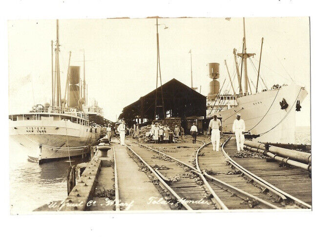 c1900 Museo Tela Railroad United Fruit Co Wharf Ships Occupational RPPC Postcard