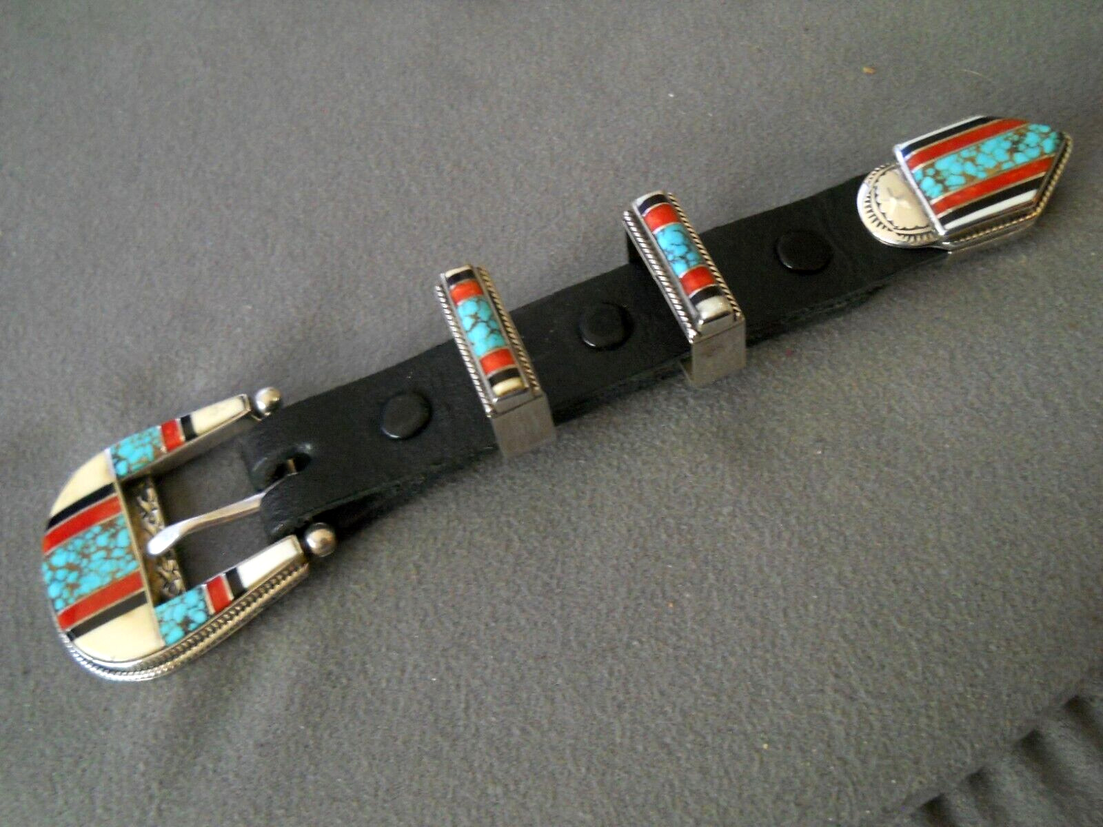 Southwestern Native American Zuni Multi-Stone Inlay Sterling Silver Ranger Set