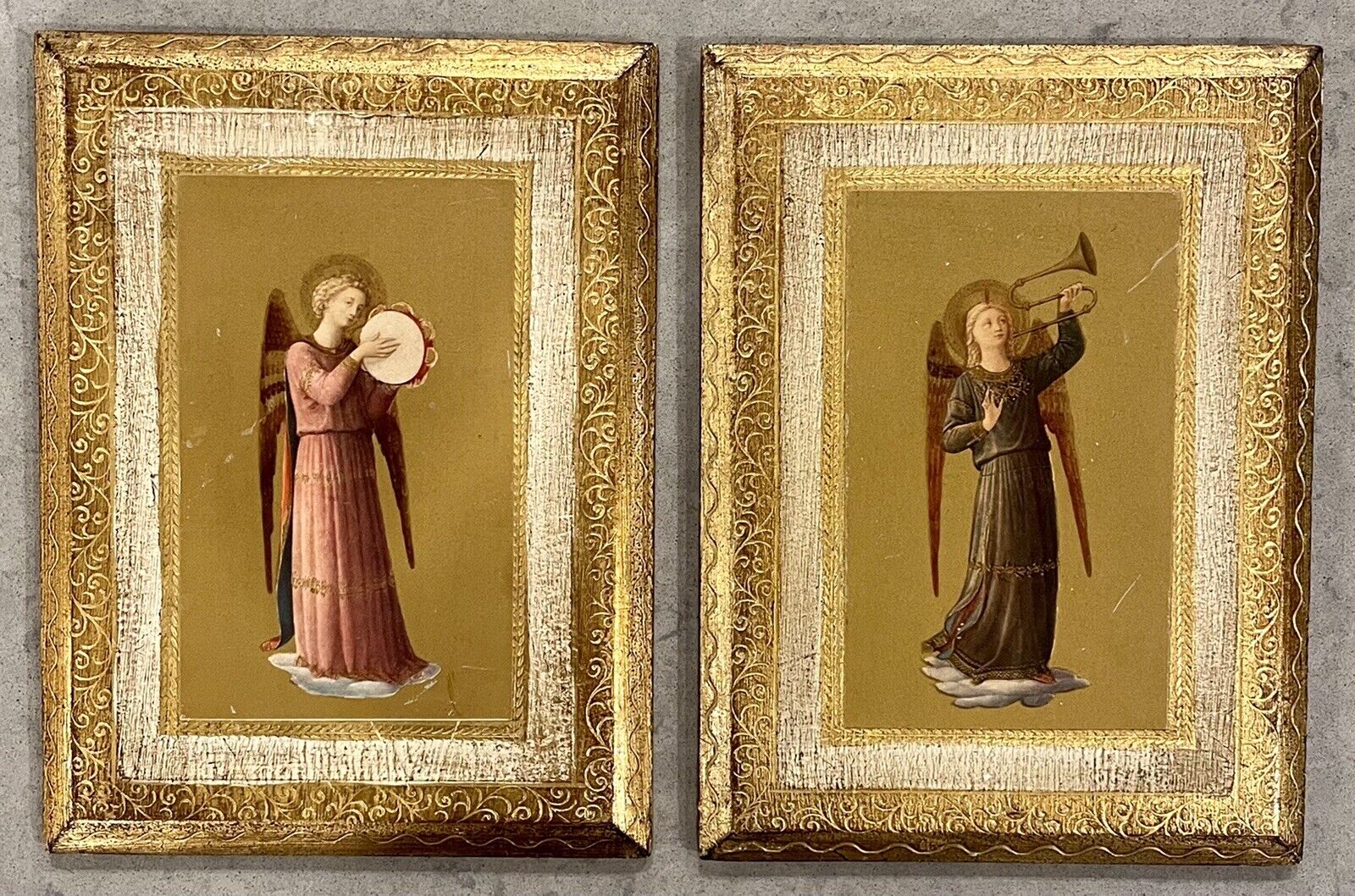 2 Vintage Italian After Fra Angelico Angel Plaque Gold Leaf Wooden Made In Italy