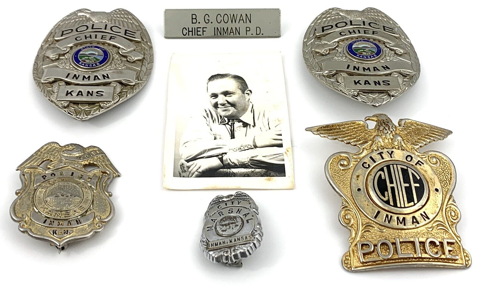 Vintage Obsolete Police Chief City Marshal Badge Lot Inman Kansas Bob Cowan
