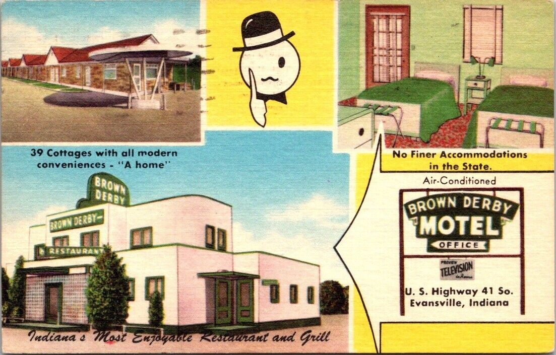 Vintage Postcard Brown Derby Motel and Grill Evansville Indiana B1
