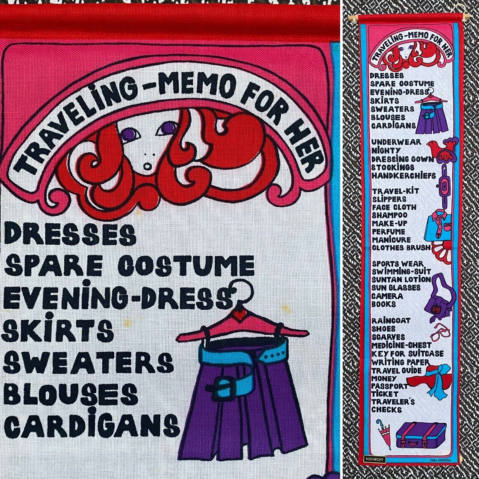 VTG Fisba Stoffels Traveling Memo For Her Wall Hanging 1970's Packing List 