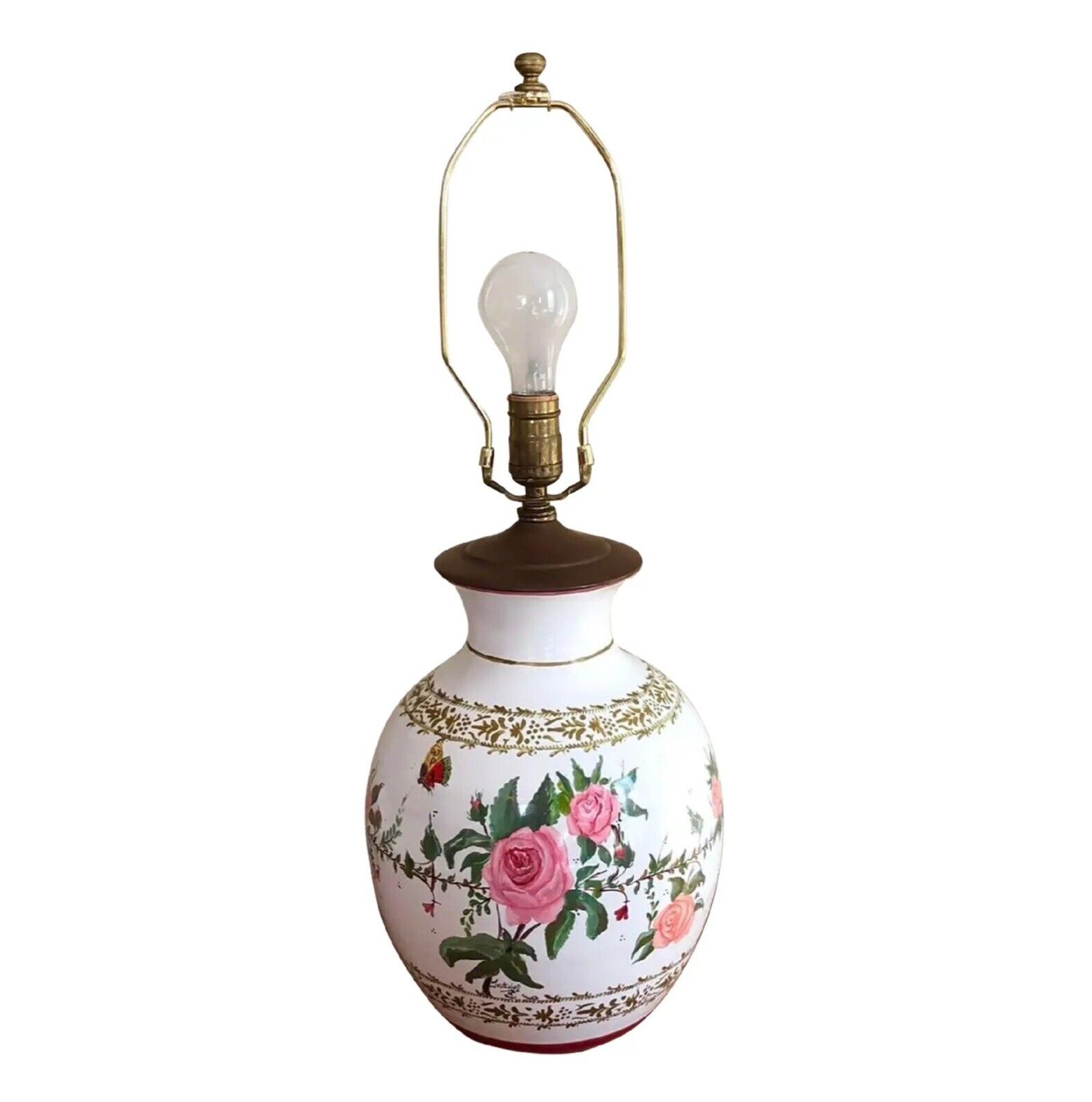 VTG 3 Way Ceramic Table Lamp Artist Signed Flowers Roses Painted Gold Italy 24”H