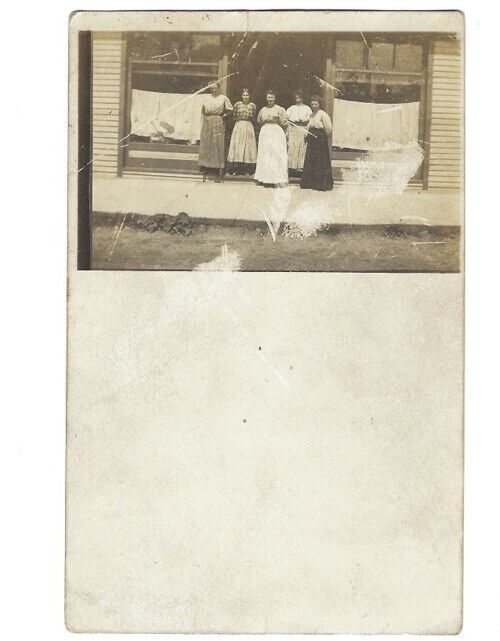 c1900s Group Of 5 Women On Front Porch Home House RPPC Real Photo Postcard