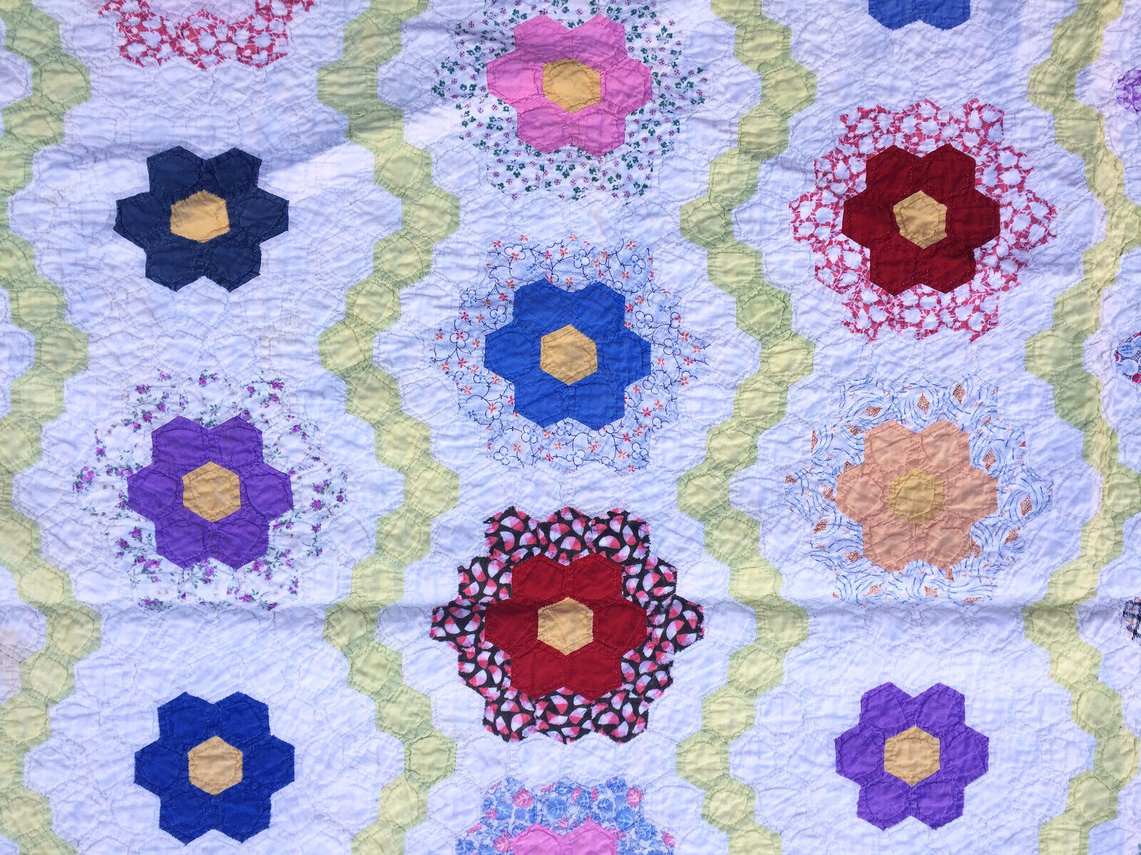Hexagon Pieced Vintage Floral Quilt