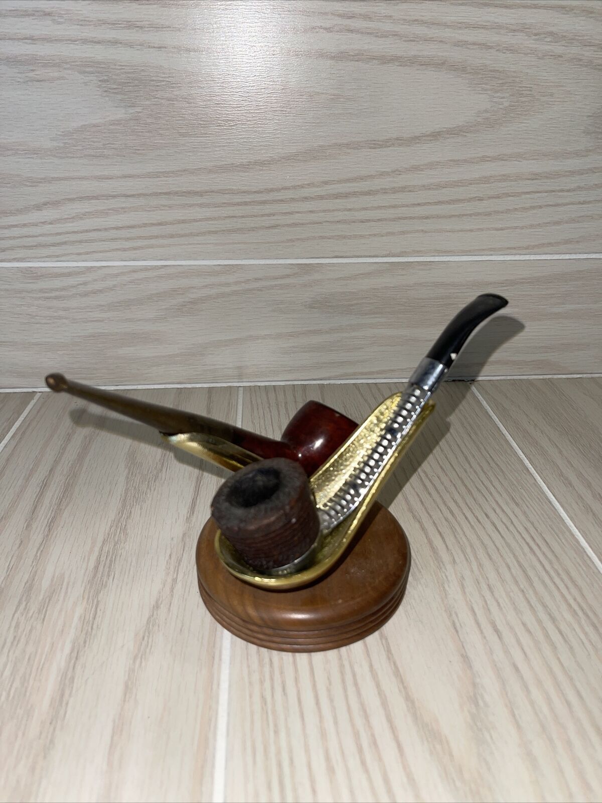 Vintage Dr. Grabow Viking Metal Bent & Yello Bolle Tobacco Smoking Pipes W/Stand