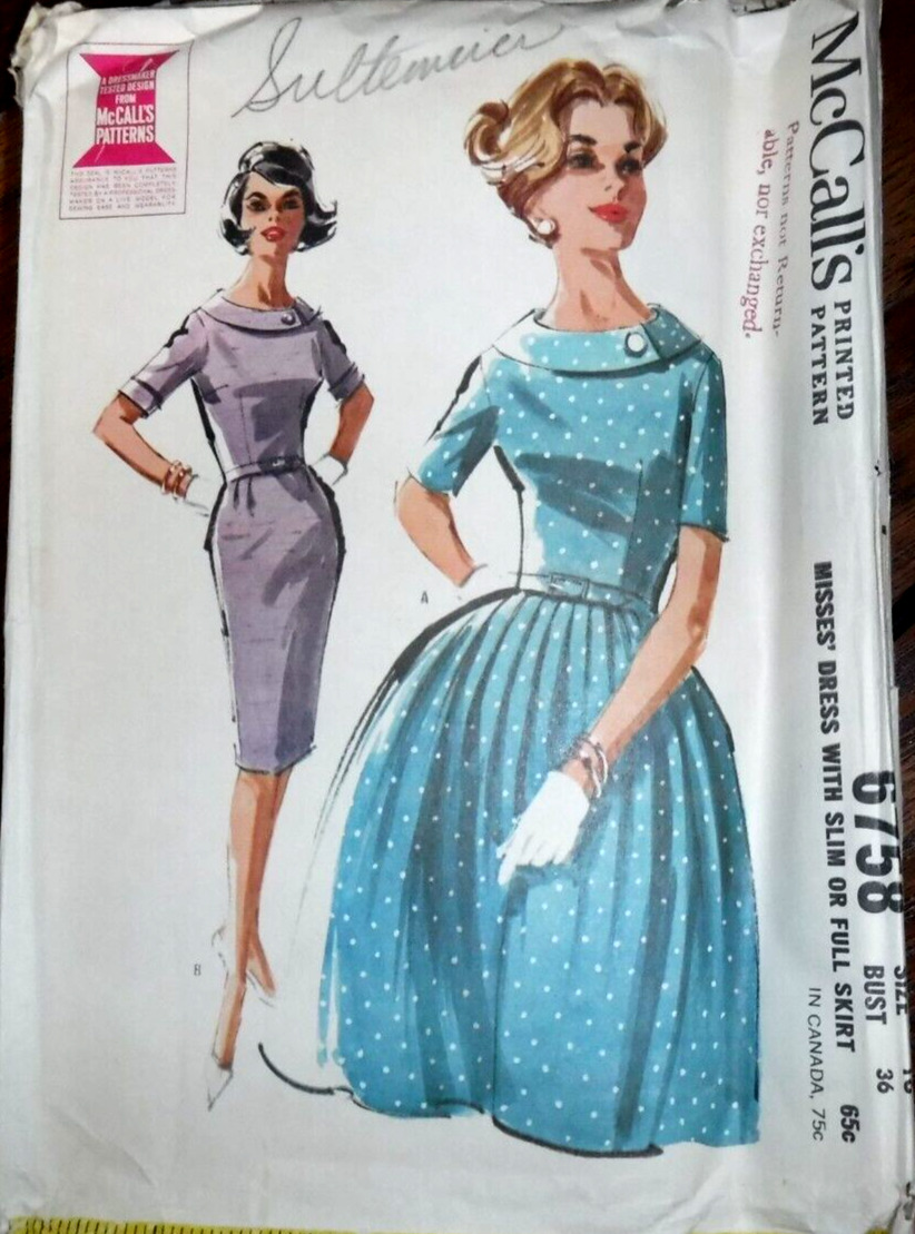 Vintage 1960\'s McCalls Dress Pattern UNCUT Round Collar Full skirt Sz 36