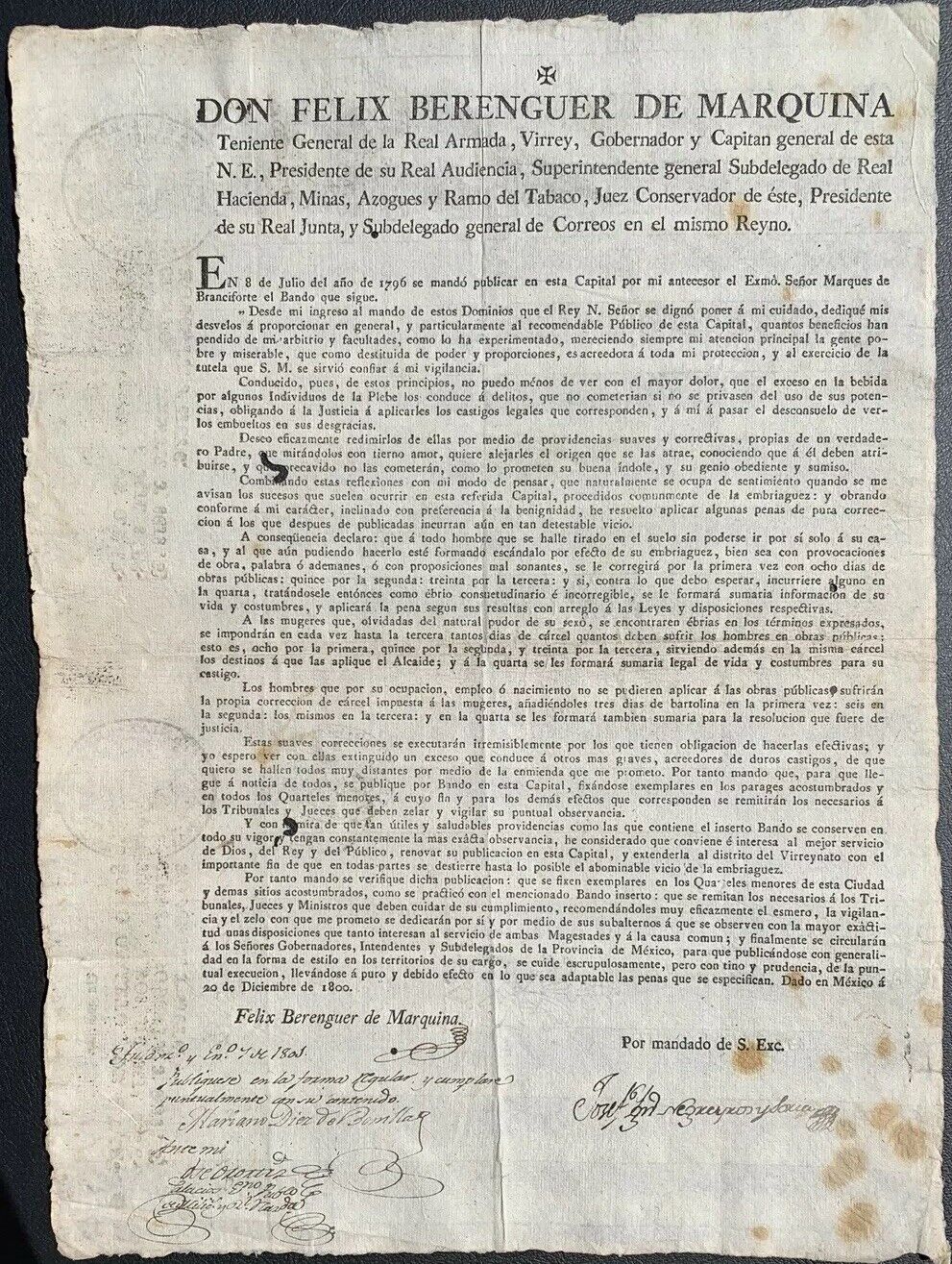 Rare Circa 1800 Spanish Document. Felix Berenger De Marquina. Viceroy New Spain