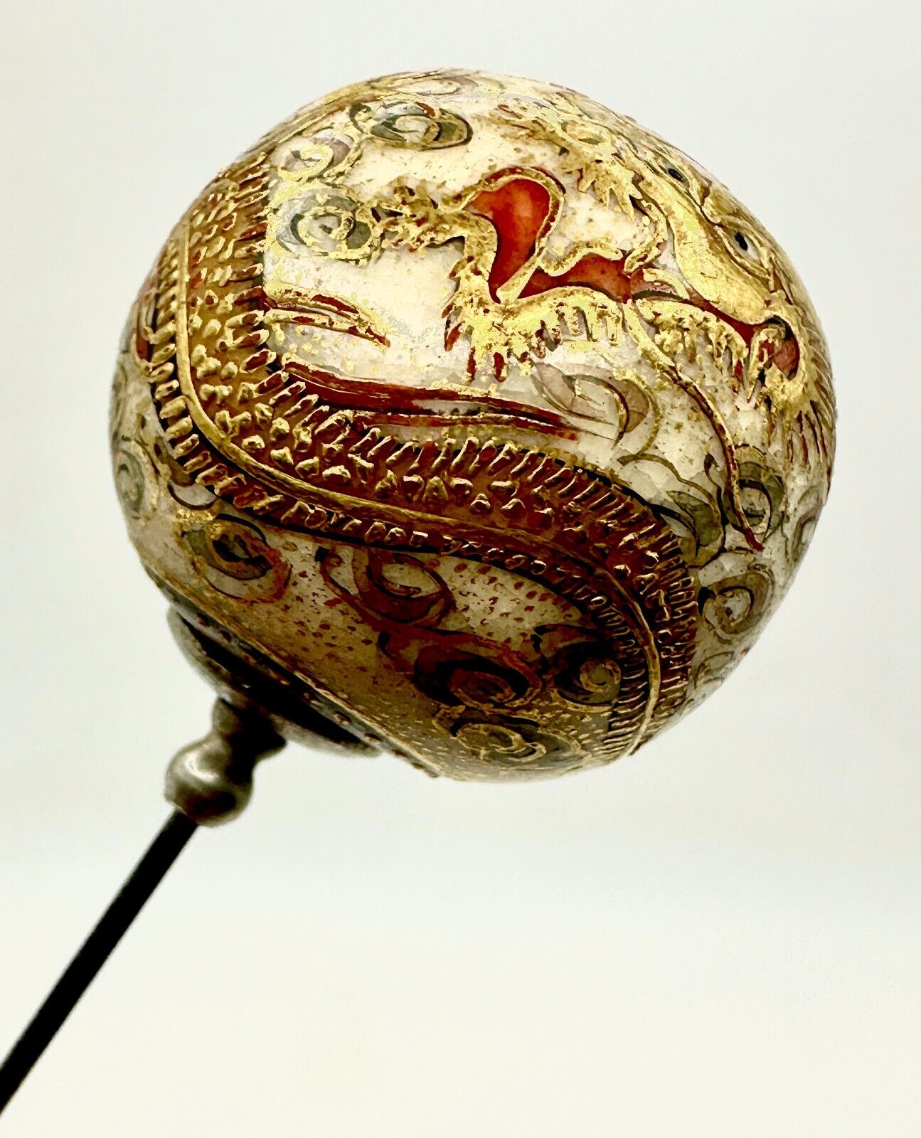 Antique Satsuma Hatpin Large Exceptional Dragon Sphere Fine Detail Collectible