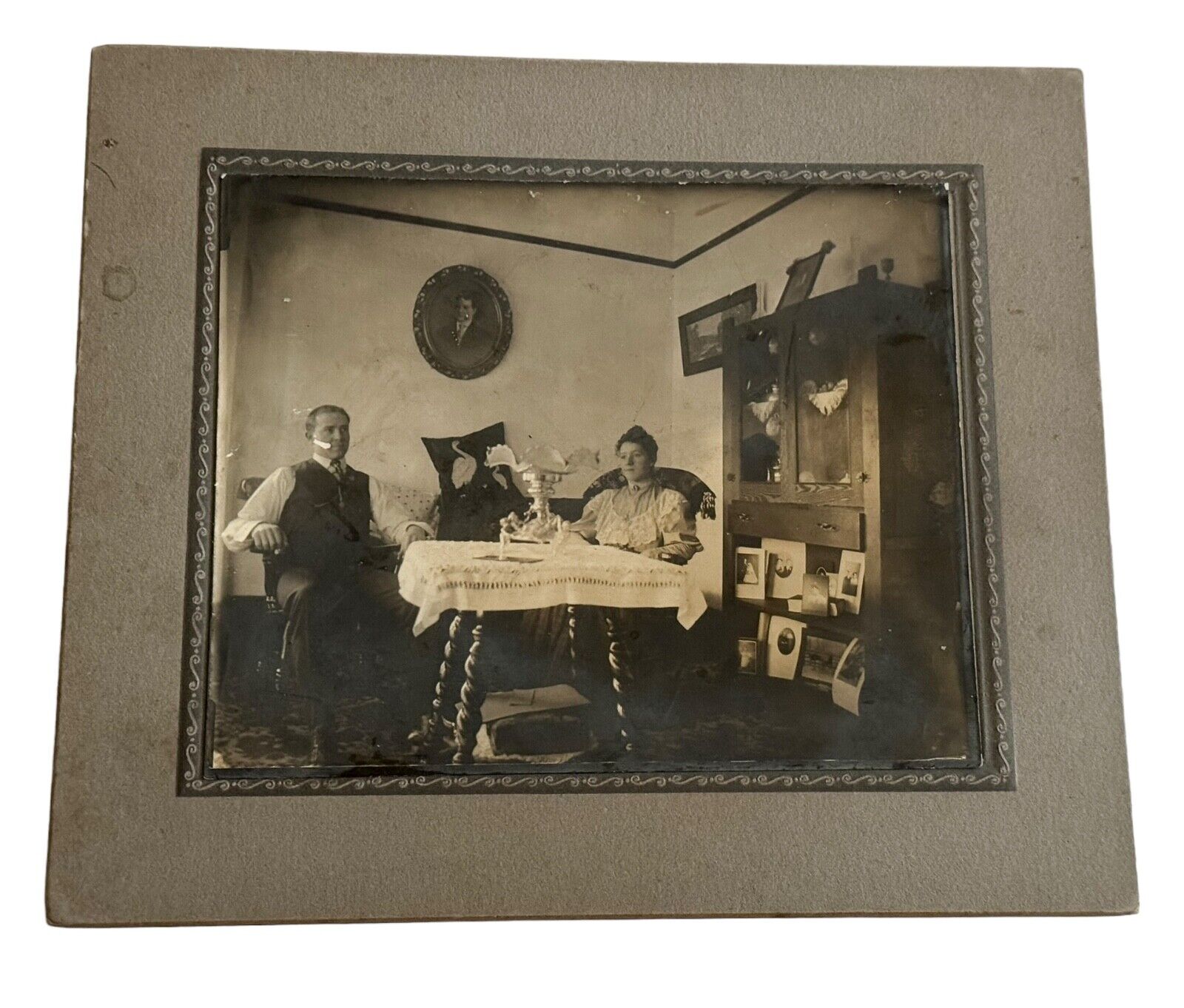 Antique Mounted Photo Interior Of Room Husband Wife Sitting At Table