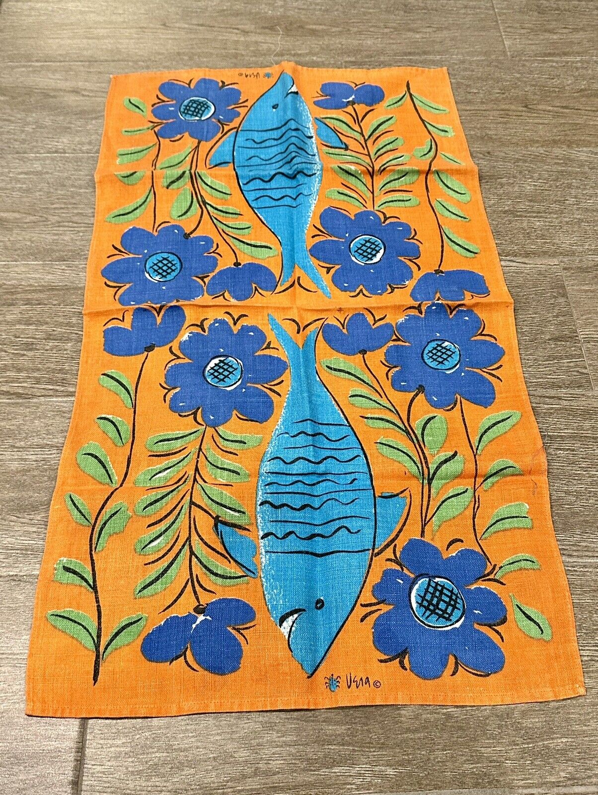 2 VTG Vera Neumann Linen Orange Blue Fish Floral Kitchen Dish Tea Towels 60s 70s