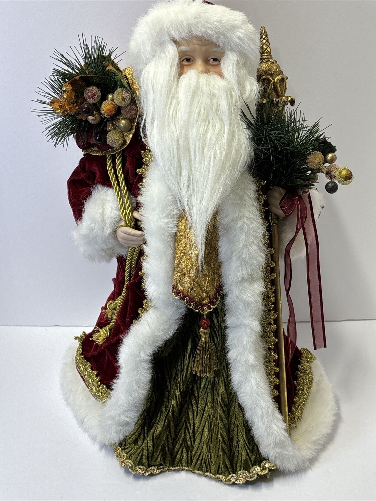 Vintage Old World Santa Clause Tree Topper 17 inches Burgundy Robe