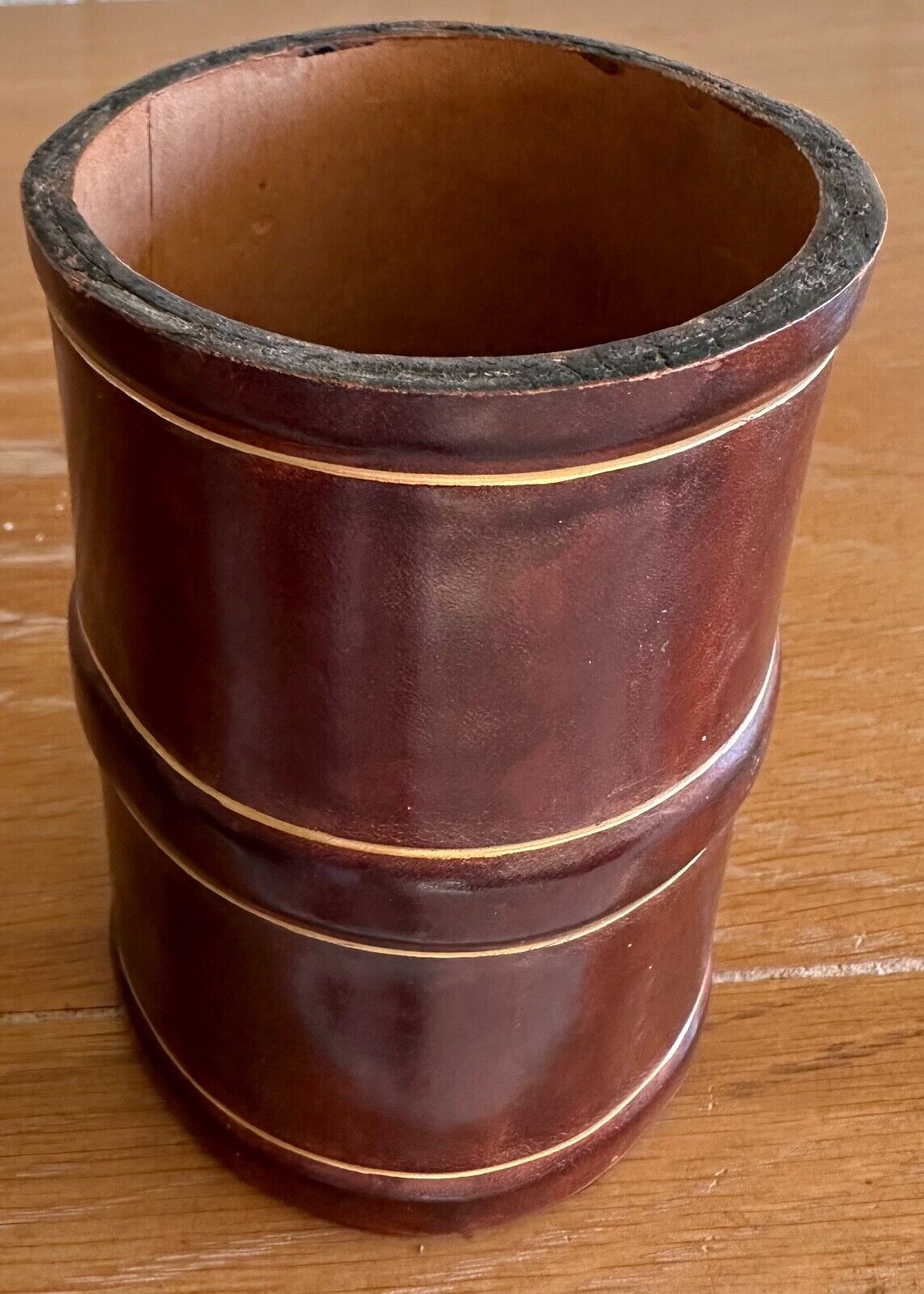 Beautiful Vintage Italian? Thick Sturdy Leather Dice Cup Brown with Gold Paint