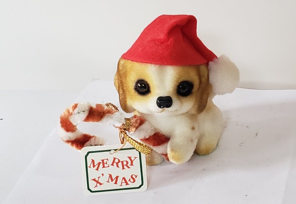 Vintage Josef Original Flocked Christmas Puppy in Hat with Cane