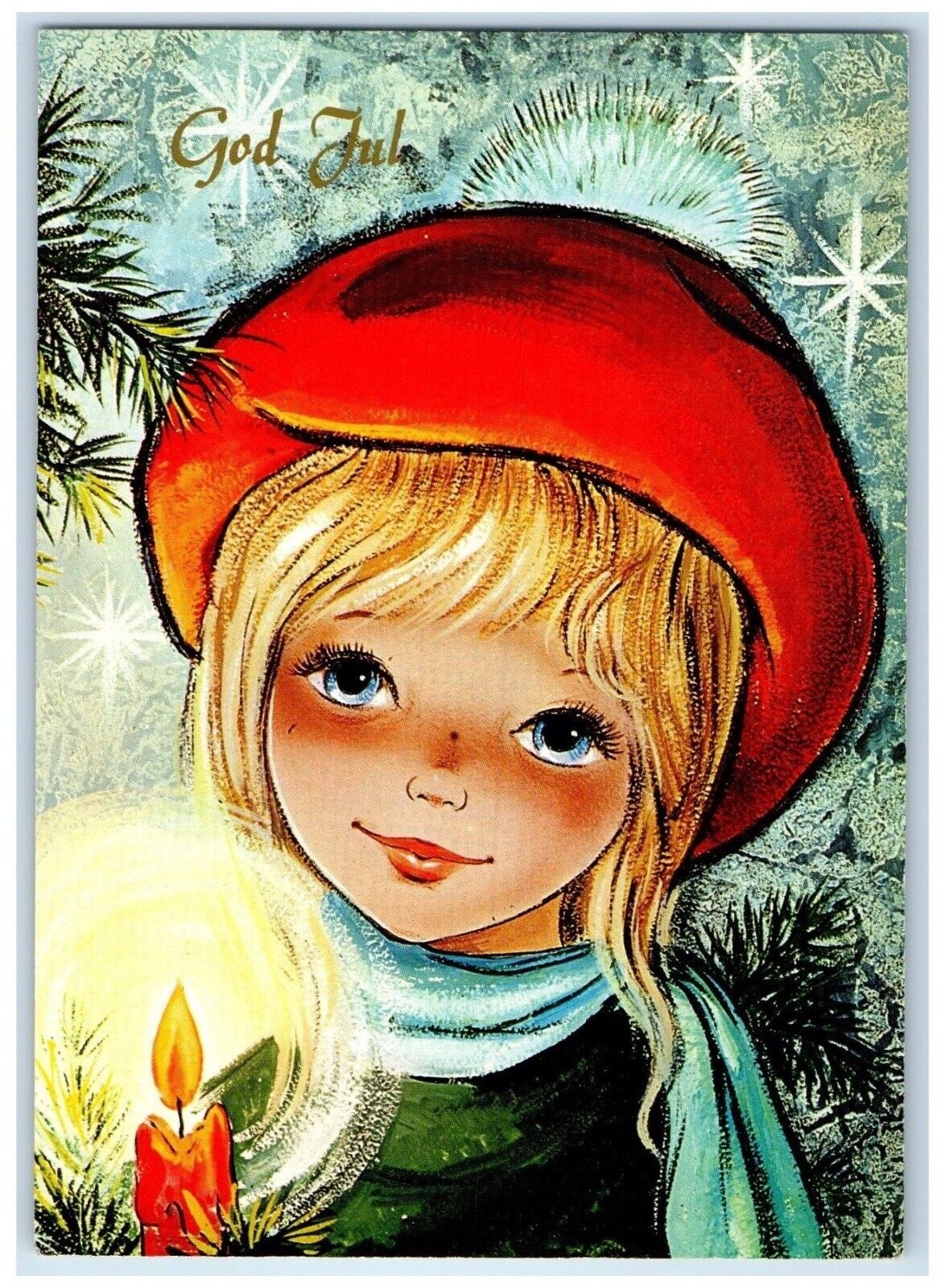 c1930\'s Merry Christmas Pretty Girl Candle Light Norway Vintage Postcard
