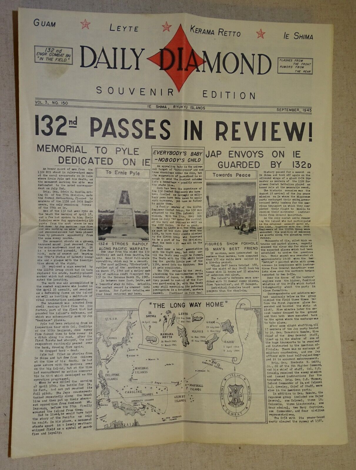 Sept. 1945 WWII Daily Diamond Souvenir Newspaper Ryukyu Islands; Ernie Pyle, etc