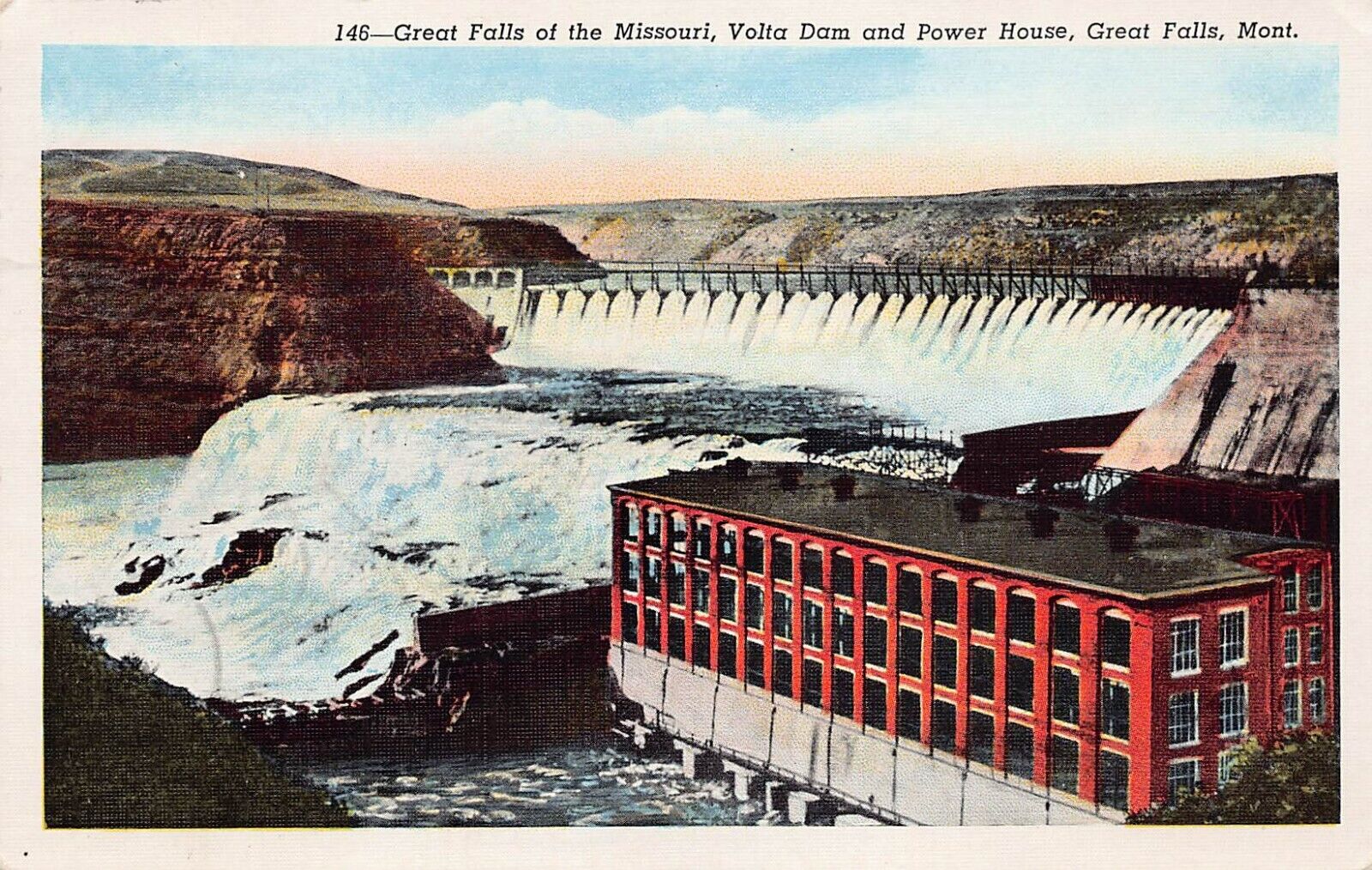 Big Great Falls MT Missouri River Volta Ryan Dam New Power House Vtg Postcard B5