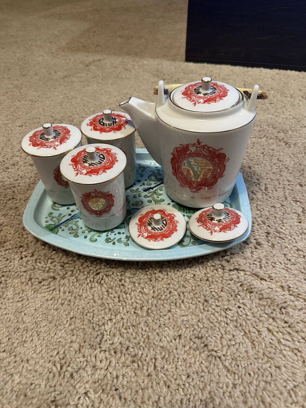 Vintage Asian Tea Set Red, White, with Dragon Teapot with Lid, 3 Teacups
