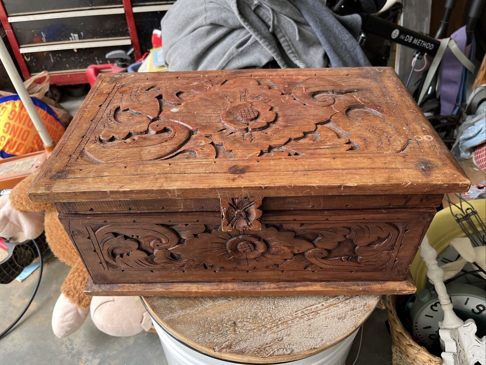 One of a Kind Large Antique Hand Carved Wooden Box 20 x 12 x 9 inches