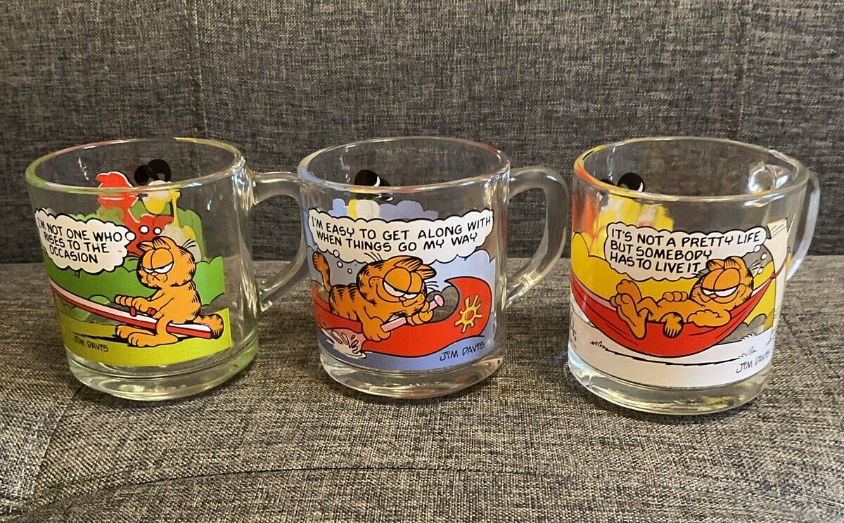 1978 Vintage McDonald's Garfield Mugs Set Of 3 Clear Glass Anchor Hocking
