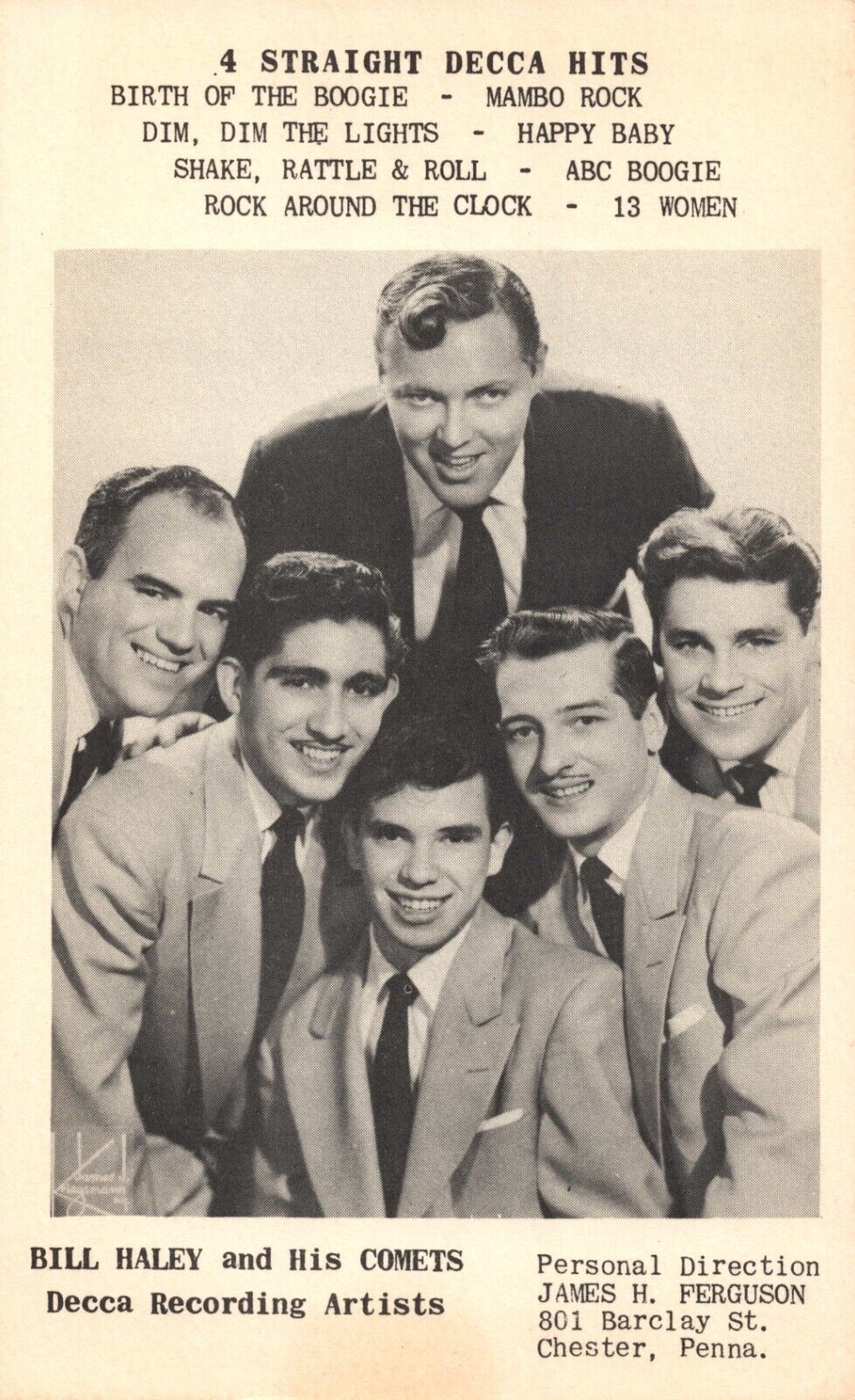 Bill Haley and His Comets Decca Recording Artists Vintage Promotional Postcard