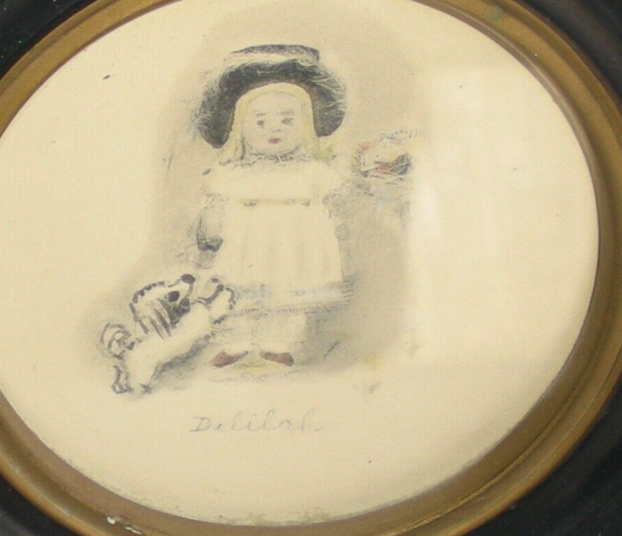 Vintage Framed Print of Young Girl with dog, signed Delilah