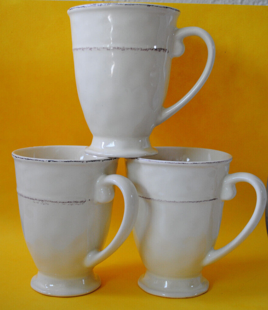Pier 1 Martillo Creme Brulee Stoneware (3) Footed Coffee Mugs Cups