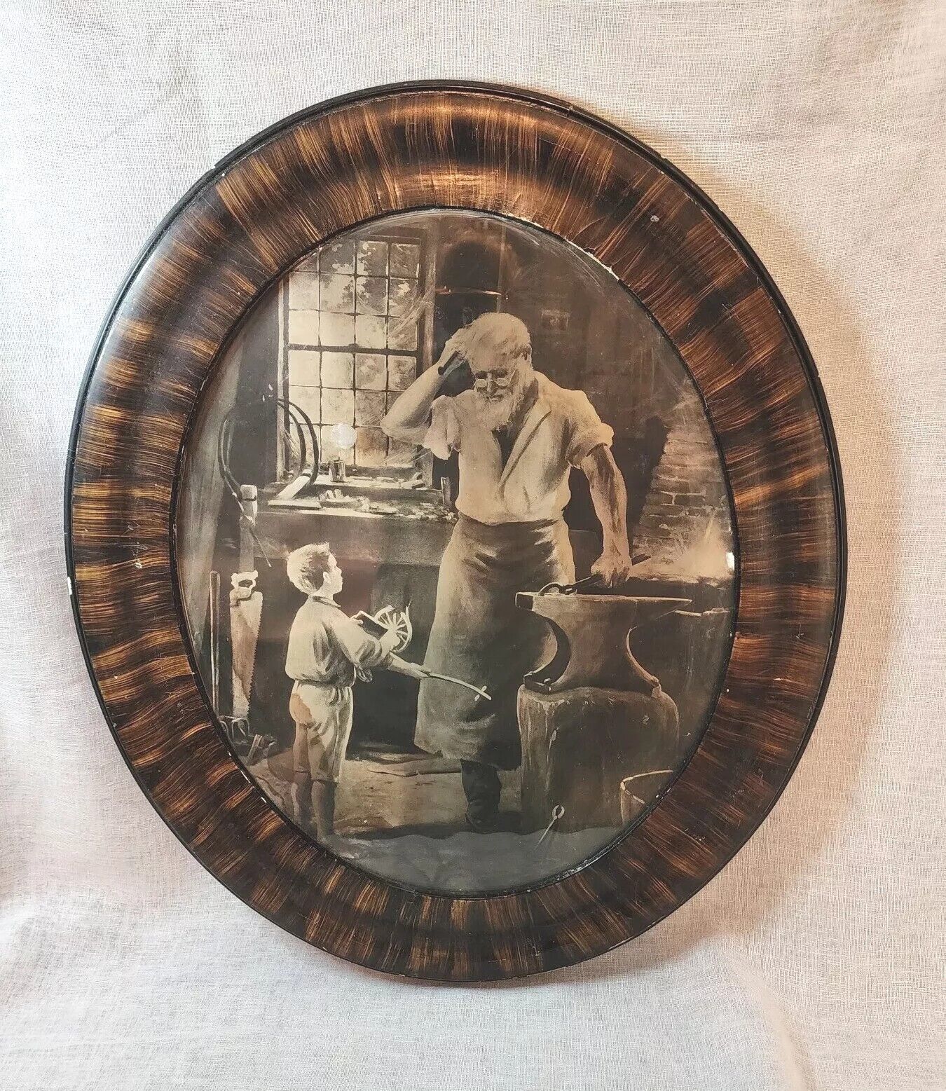 Antique Oval Wood Framed Picture Blacksmith 25\