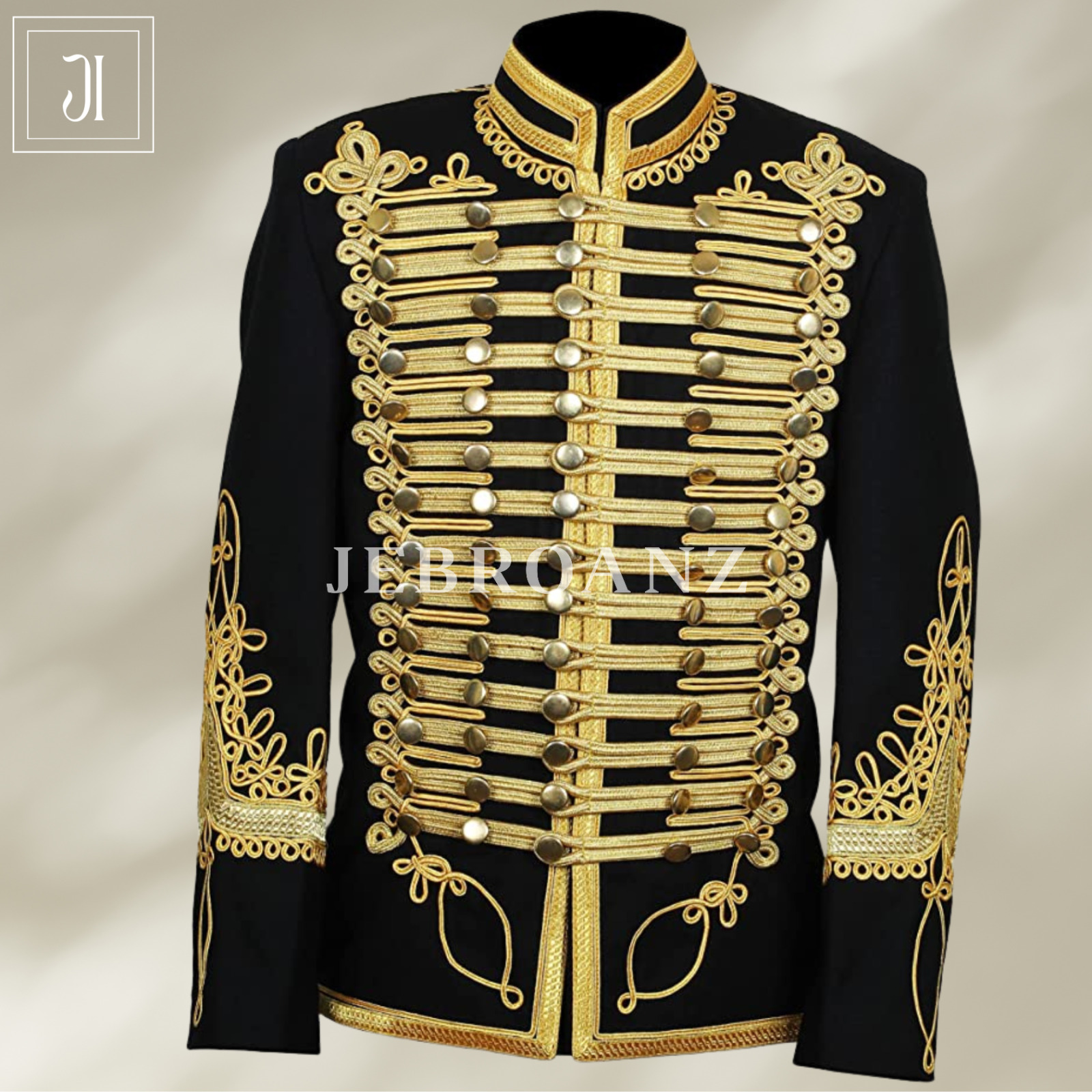 Napoleonic Hussar Jacket Black Miltary Style Gold Braided Jimmi Hendrix Jacket