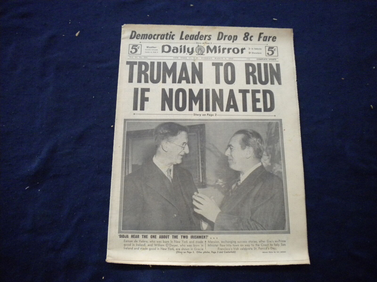1948 MAR 9 NEW YORK DAILY MIRROR NEWSPAPER - TRUMAN TO RUN IF NOMINATED- NP 5996