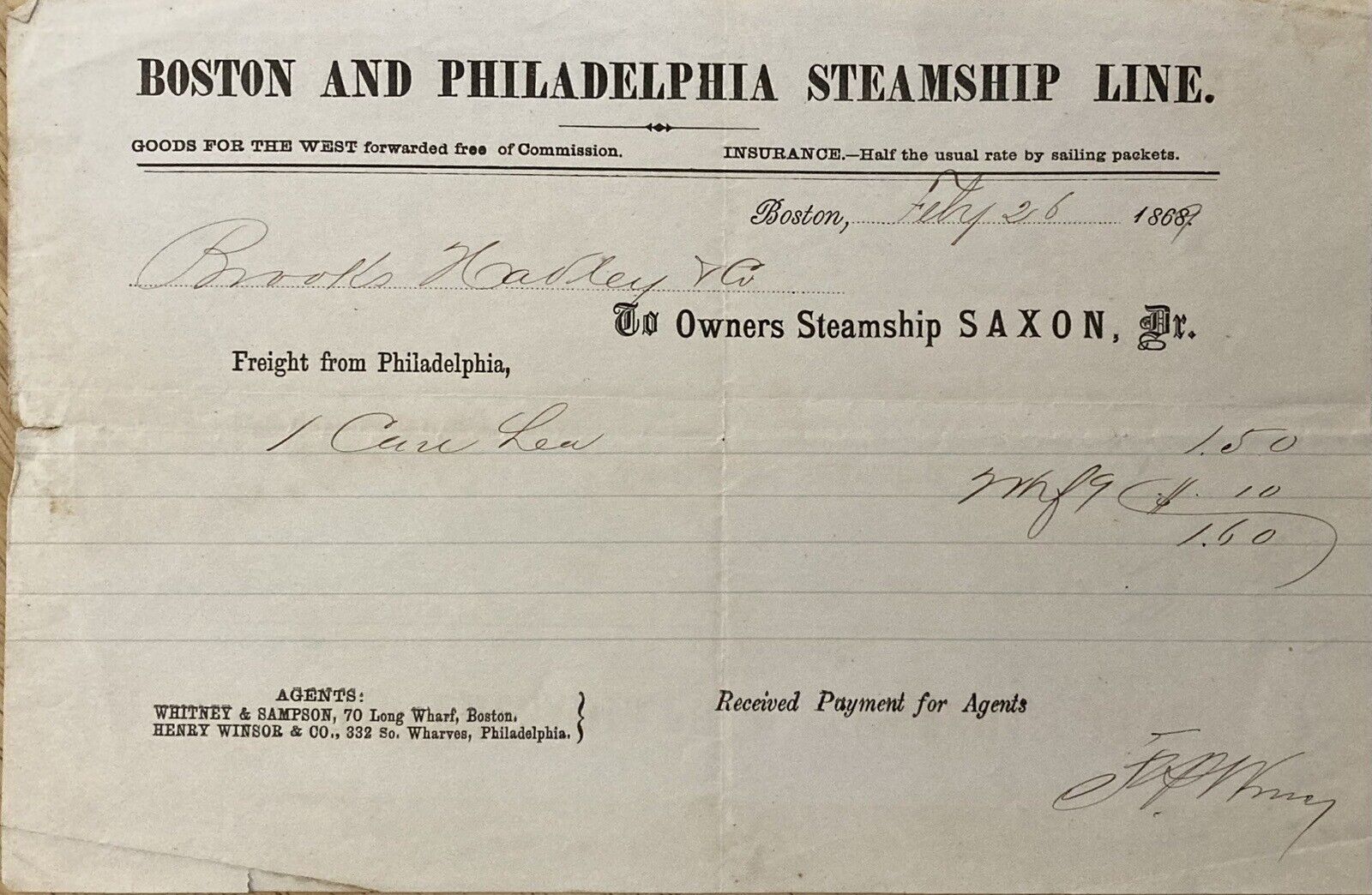 1869 BOSTON & PHIL., STEAMSHIP LINE, BOSTON, MASS. SAXON STEAMSHIP CARGO