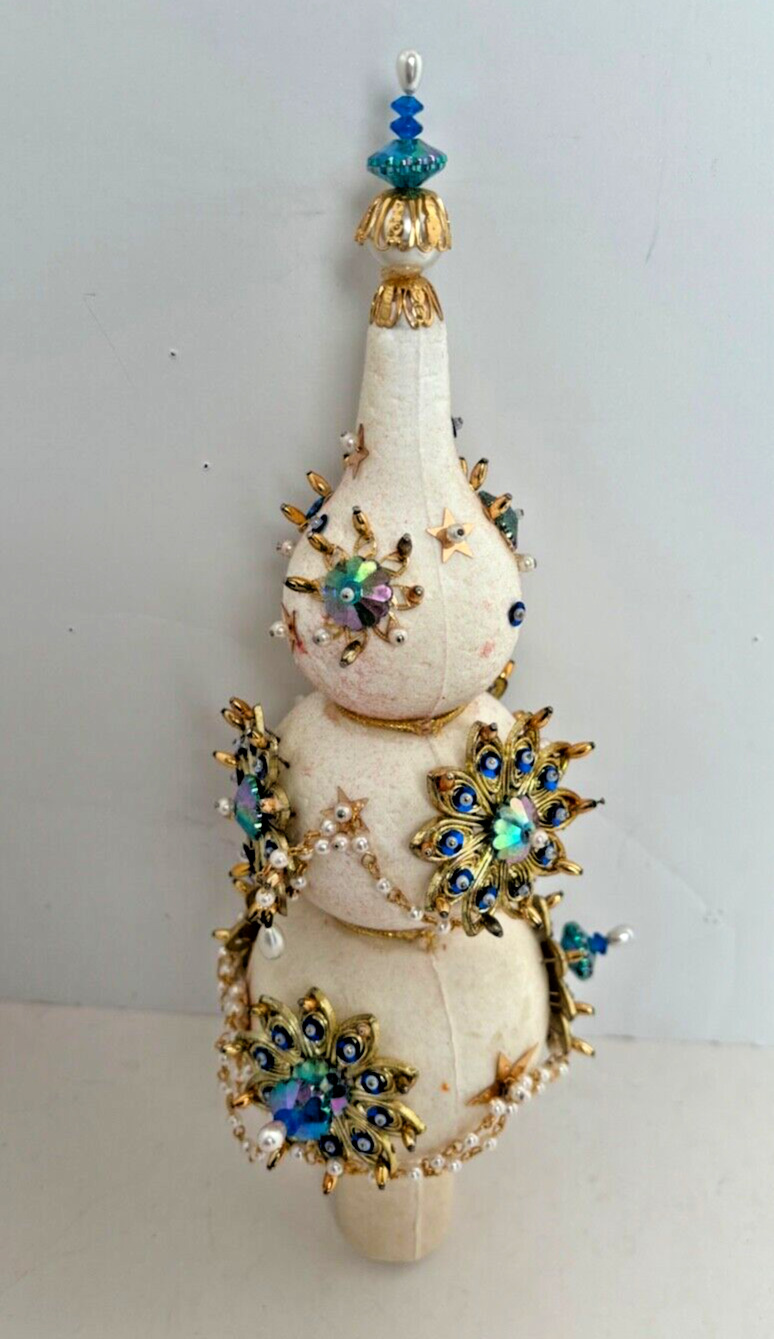 Vintage Styrofoam Christmas tree topper Beads Sequins Beaded Handmade Blue White