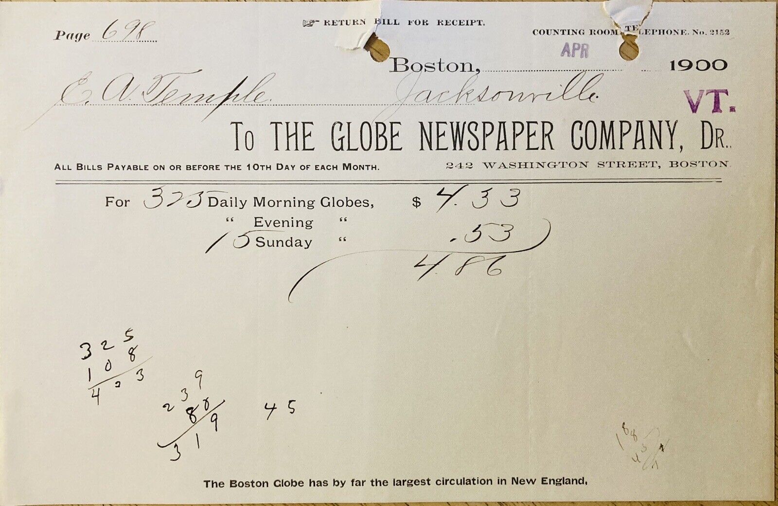 1900 BILLHEAD~THE GLOBE NEWSPAPER CO. WASHINGTON ST. BOSTON. DELIVERY BILL COST