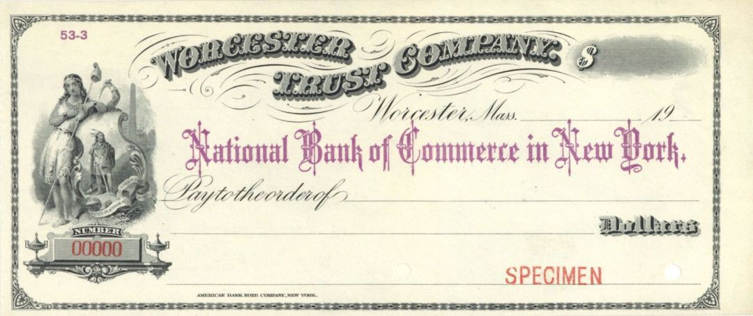 Worcester Trust Co. - American Bank Note Company Specimen Checks - American Bank