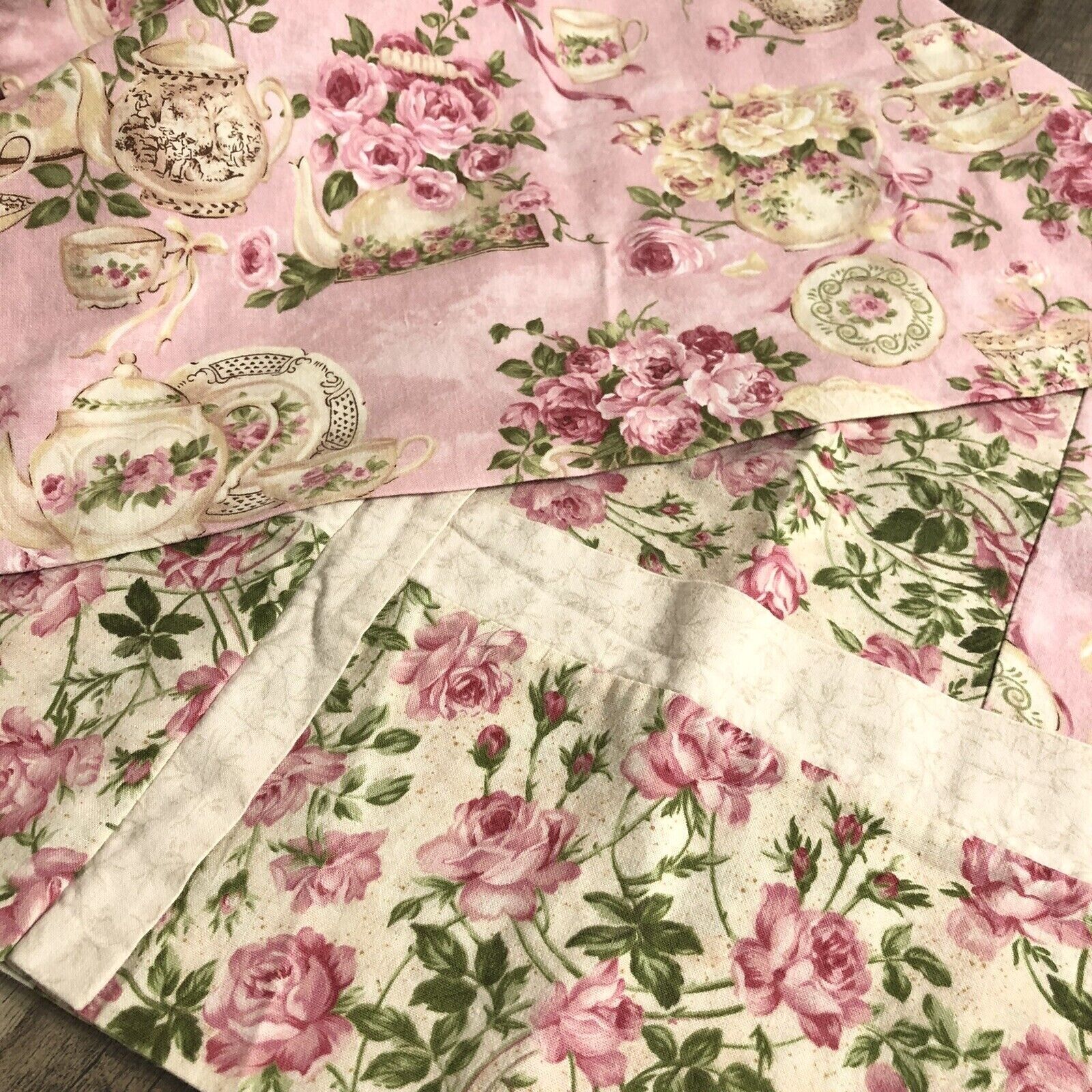 Shabby Cottage Floral Pink Roses Teapots Handmade Cotton (1) Standard Pillowcase