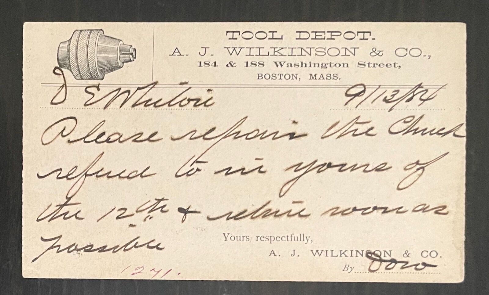 A. J. WILKINSON & CO. TOOL DEPOT - BOSTON, MASS. 1884 BUSINESS POSTCARD